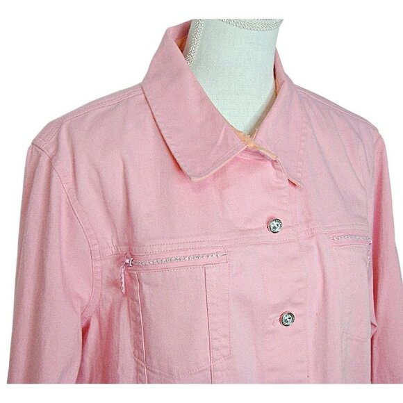Quacker Factory Pink Rhinestone Raw Hem Fringe Button Up Jacket Shacket Size XL - Picture 2 of 12